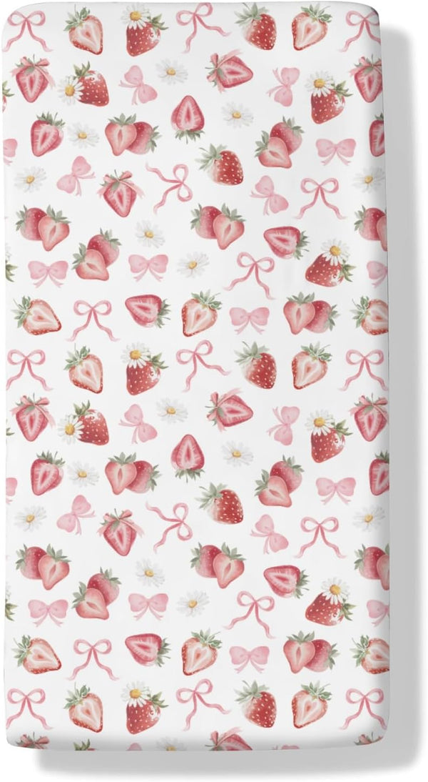 Cstdyfrv Strawberry Pink Bows Floral Baby Crib Sheets Sweet Watercolor Strawberry Daisy Flowers