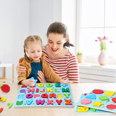 Alphabet and Number Puzzle Set, Wooden Upper Case Letter and Shape Learning Puzzles for 3-5 Year Olds
