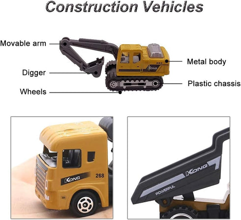 Kids Diecast Metal Engineering Cars Set - 6 Play Trucks for Boys Age 3-4, Birthday Party Supplies & Cake Topper