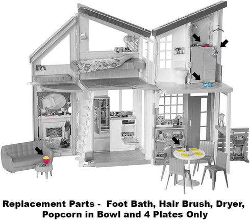 Mattel Replacement Barbie Size Accessories - Foot Bath, Hair Brush, Dryer, Popcorn Bowl, and Plates for Malibu Dollhouse