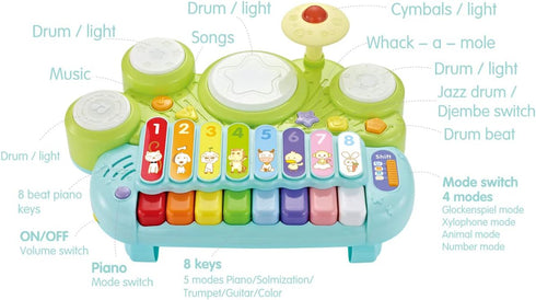 Fisca 3 in 1 Musical Instruments Toys - Electronic Piano Keyboard Xylophone Drum Set for Baby & Toddler