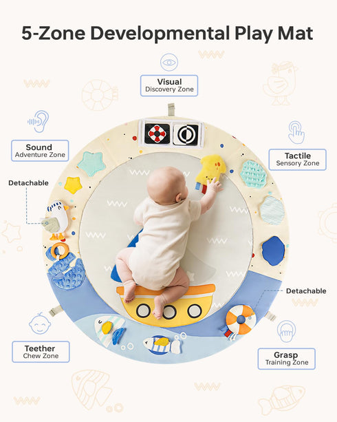 5 Tummy 7 BG-BABYGO Baby Play Gym Activity Mat, Developmental Zones Wooden Time Mat with Detachable Sensory Toys