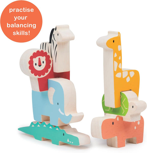 Happy Stacking Safari – 7pc Wooden Stacking Toy for Toddlers – Colorful Balancing Activity Toy with Bag
