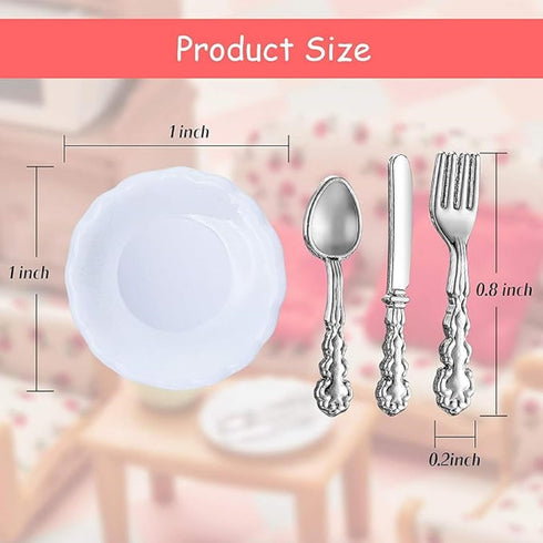 8 1: 12 12 Set Skylety Pieces Scale Minature Dollhouse Accessories Mini House Plates and Spoons Knives Forks Metal