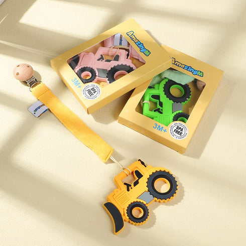 Baby Food Grade Silicone Car Teether Toy with Pacifier Clip Holder, Yellow Bulldozer, BPA Free, 3 Months+