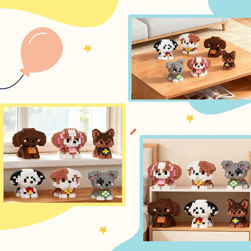 Set, 6 Pack 14+ HIGH GODO Dog Party Favors Building Mini Dogs Animal Building Blocks, Goodie Bag Stuffers, Dog Animals