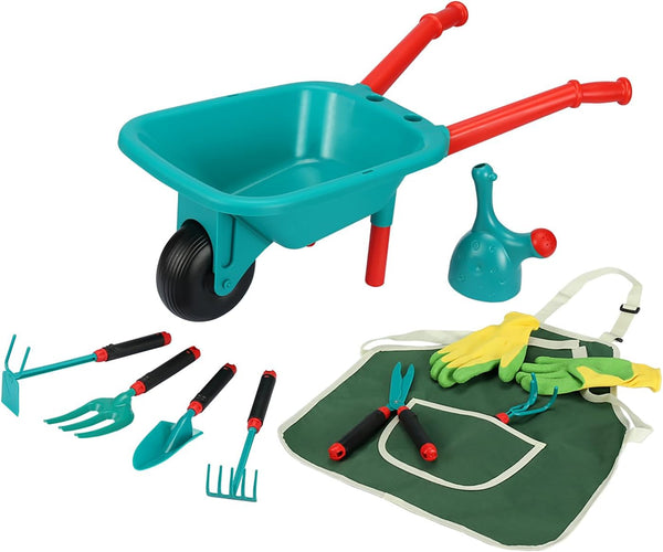 Kids Gardening Set with Wheelbarrow, Watering Can, Gloves, Pruner, Hand Rake, Double Hoe, Shovel, Apron, Outdoor Indoor