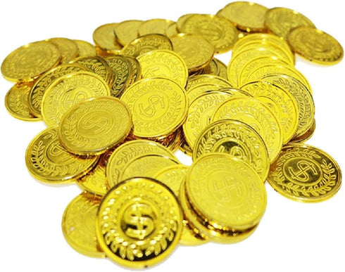 TCOTBE Pirate Gold Coins Plastic Set of 100 - Play Gold Treasure Coins for Pirate Party, Treasure Hunt Game
