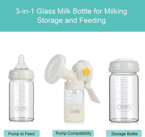 6oz COMI Wide Neck Glass Breastmilk Collection n Storage Bottle, with Screw Ring Sealing Disk; Re-markable Sealing