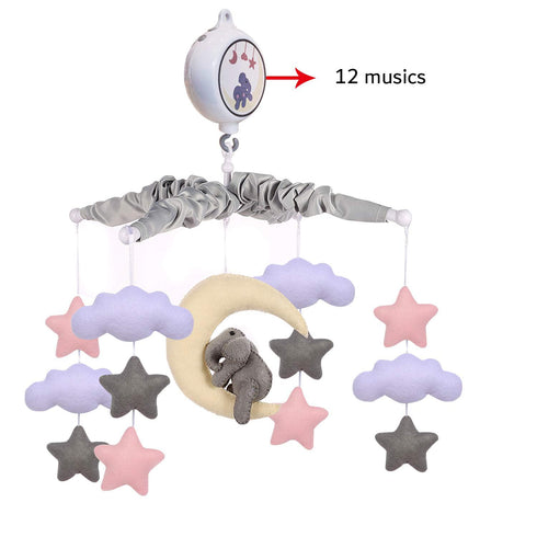 12 Baby Crib Mobile with Elephants, Clouds and Stars,Baby Mobile Musical Crib Mobile Music Box with Lullabies (Elephant