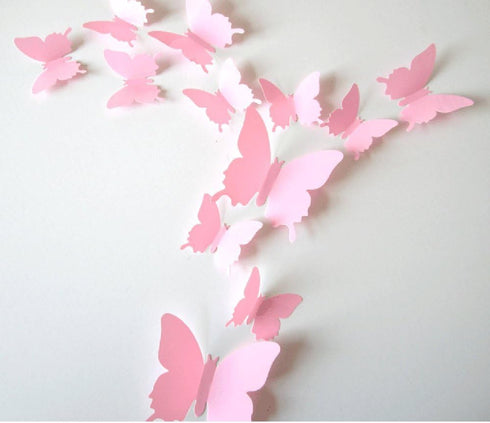 12Pcs 3D Butterfly Removable Wall Decals, DIY Home Decorations Art Decor Wall Stickers for Kids Bedroom, Pink