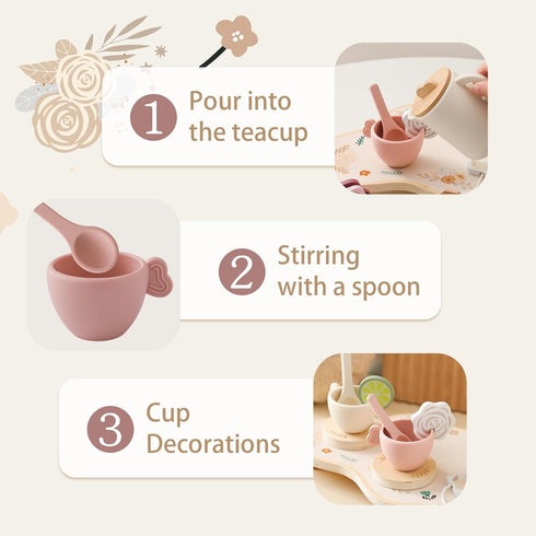 Ikubigu Set Set 15PCS Set Set Tea Party for Kids - Wooden Tea for Little Girls Silicone Toddler Tea Kitchen Accessories