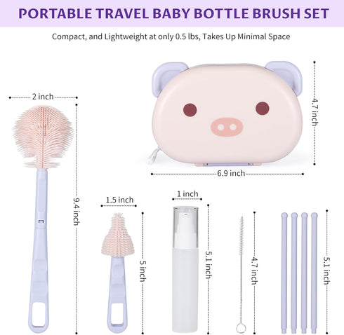 Set, VOOWO Baby Bottle Brush & Drying Rack, Portable Travel Kit - Silicone Bottle & Nipple Brush Straw Cleaner (Purple)