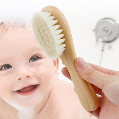 Sxett Infant Hair Brush Portable Wooden Handle Hair Brushes Caps Hair Comb Bath Soothing Brush For Newborns