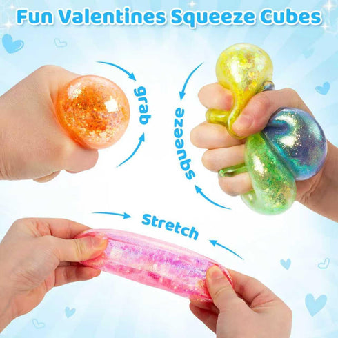 24 6 Valentines Day Cards for Kids School, Pcs Ice Cube Shaped Squeeze Balls with Cards, Stress Relief Fidget Toys