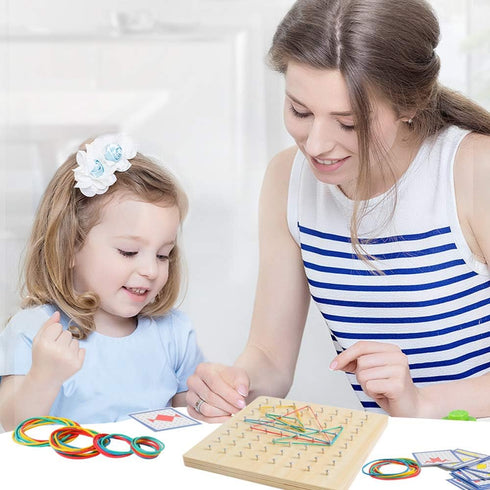 Wooden Geoboard with Rubber Bands, Montessori Educational Toy for Kids, Graphical Math Pattern Blocks & Cards