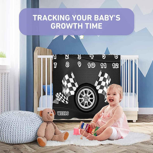 Racing Baby Monthly Milestone Blanket, Boy Racer Car Tires, Unisex 1 to 12 Months, Includes 4 Frames & 1 Headband
