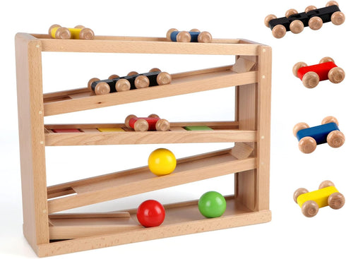 Qilay Wooden Race Track Car Ramp Racer Toy for Toddlers, 5 Level Race Car Ramp Set with 4 Wood Cars and 3 Balls, Great
