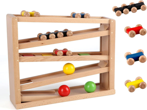 Qilay Wooden Race Track Car Ramp Racer Toy for Toddlers, 5 Level Race Car Ramp Set with 4 Wood Cars and 3 Balls, Great