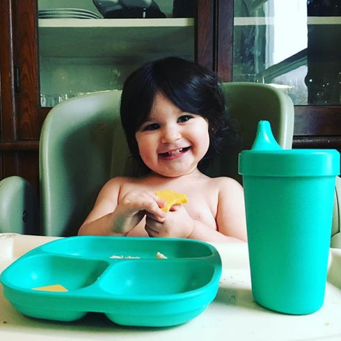 Re-Play Toddler Dinnerware Set - No-Spill Sippy Cup, 7" Divided Plate, Fork and Spoon, Dishwasher Safe, Aqua