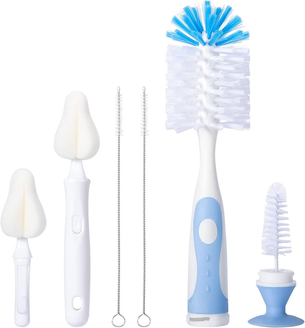 Baby Bottle Brush Set, 10.2" Cleaning Brush & 6.5" Sponge Brush, Nipple Cleaner, 5 Pack with Replacement Head, Blue