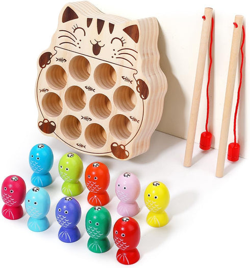 Toddler Montessori Toy Wooden Fishing Game for Kids 1-3 Years Old, Educational Hand Eye Coordination Skill Activity for