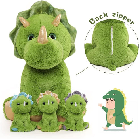 Muiteiur Giant Triceratops Stuffed Animal with 3 Baby Dinosaurs - Green Plush Toy Gift for Kids, 24.5 inch