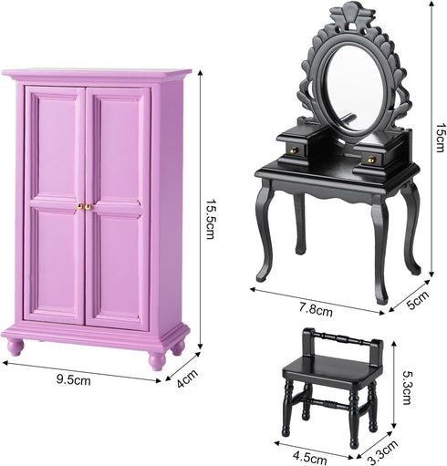 Minamzee 5Pcs 1:12 Set, Dollhouse Wardrobe Furniture Miniature Purple Openable Wardrobe, Dresser with Stool, Floor Lamp