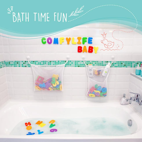 Comfylife 2 x Mesh Bath Toy Organizer + 6 Hooks + 36 Educational Foam Letters & Numbers for Baby Bath Toys