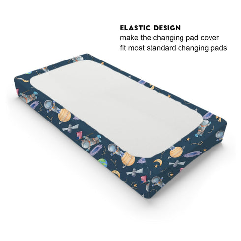 Cartoon Outer Space Galaxy Ship Changing Pad Cover, Cute Spaceman Moon Stars for Baby Boy Girl, Soft Breathable