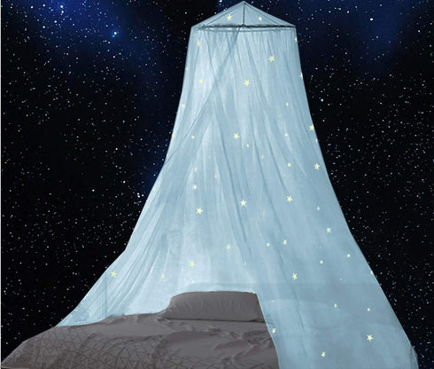 BCBYou Bed Canopy Mosquito Net, Fluorescent Stars Glow in Dark for Baby Crib, Kids Bed, Light Blue