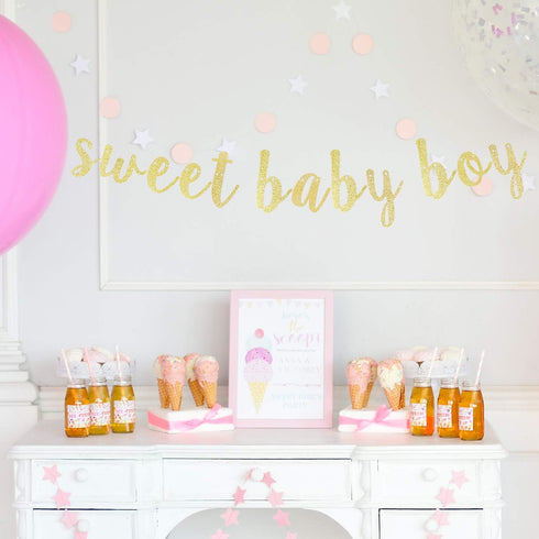 LINGTEER Sweet Baby Boy Gold Glitter Bunting Banner, Perfect for Baby Shower First Birthday Decorations