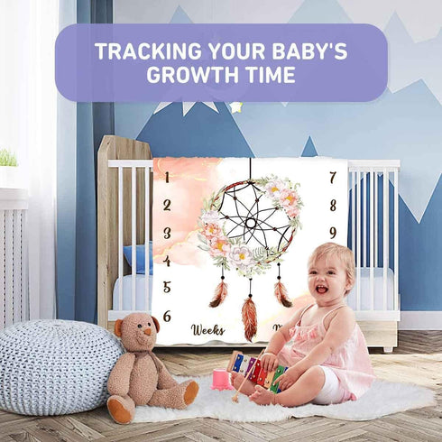 Boho Baby Monthly Milestone Blanket, Dream Catcher Feather Flower Design, Newborns 1 to 12 Months Unisex with 4 Frames