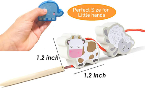 BMTOYS Montessori Educational Threading Toys, Wooden Stringing Farm Animals, Fruits Lacing Beads Preschool Toy for