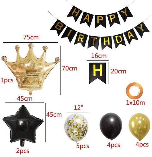 Birthday Party Decorations KIT - Happy Birthday Banner, Gold Crown Balloon, Gold and Black Latex Balloons