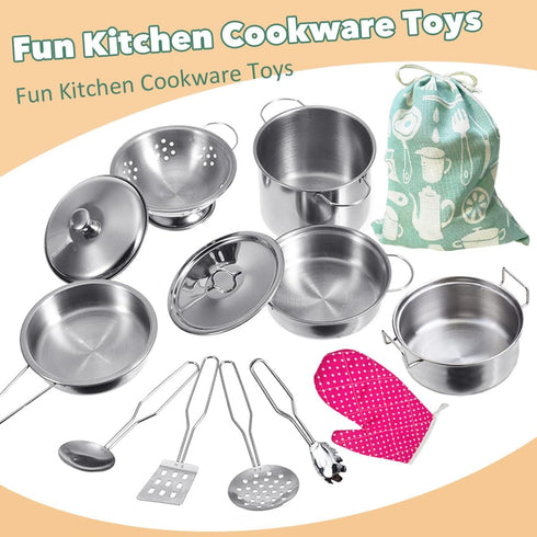 Cookware Pots and Pans Play Set, Mini Stainless-Steel Kitchen Cooking Utensils Toys for Kids, Educational Toy Kitchen