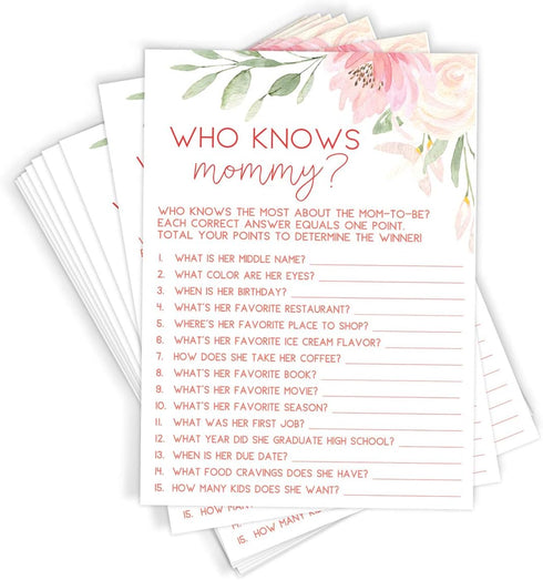 Printed Party Baby Shower Game - Who Knows Mommy Best, Floral, 50 Cards