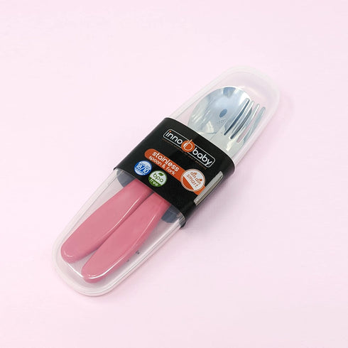 Innobaby Din Din Smart EZ Grip Spoon and Fork with Carrying Case, Utensil Set for Kids and Toddlers, BPA Free (Pink) by Innobaby