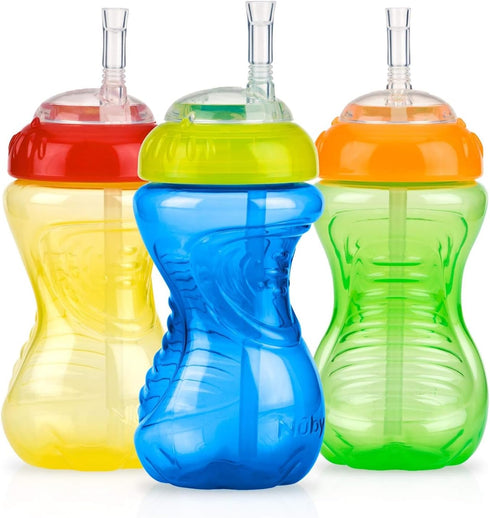 Nuby No-Spill Sippy Cup with Flex Straw - 10-Ounce Bottles (3-Pack) - Neutral Color Training Cups for Toddlers 12+