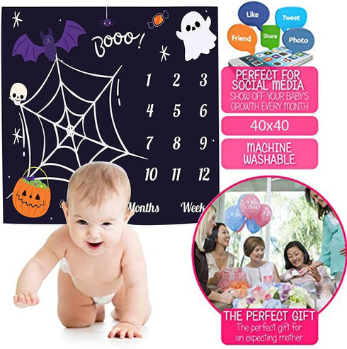 Halloween Theme Baby Monthly Milestone Blanket, 48x40in Soft Flannel, Ghost and Pumpkin Background