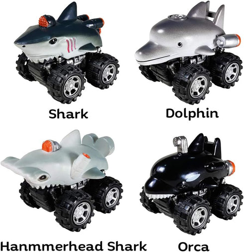 DINOBROS Shark Toys Pull Back Cars, 4 Pack Ocean Animal Truck Toy, Gift for 3 Years Old and Up