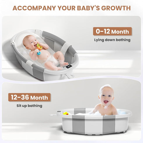 JoyYum 0-36 Collapsible Baby Bathtub with Soft Cushion and Thermometer, Newborn to Toddler Tub Months with Toy Storage