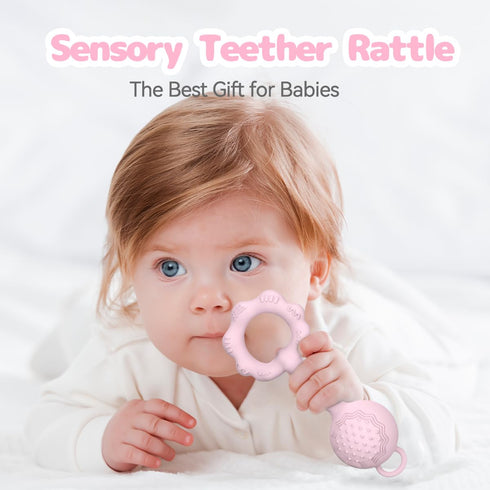 Teething Toys for Babies 6-12 Months, 2-in-1 Rattle and Teether Toy for Soothing Sore Gums, Food Grade Silicone