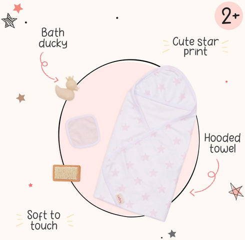 14-Inch 2+ LullaBaby Hooded Bath Towel in Pink Star Pattern Bath Toys & Pink Ducky Baby Doll Accessories Pretend Play