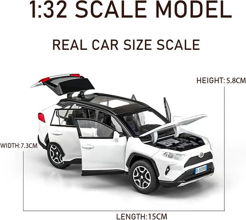 Model Car 1/32 RAV4 Alloy Diecast with Light and Sound, Collectible Toy Vehicle for Boys Kids Gift (White)