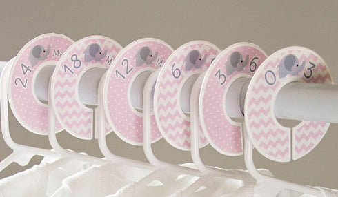 6 Baby Girl Nursery Clothing Size Closet Dividers, Pink Elephant (1.25 Inch Rod)