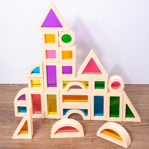 Wooden Rainbow Blocks, Acrylic Blocks, Colorful Preschool Learning Educational Toys for Toddlers (25 PCS)