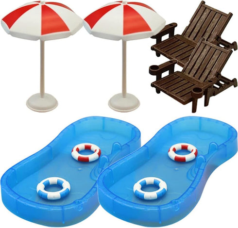 Toyvian 2 Sets Doll House Swimming Pool with Swimming Ring, Folding Beach Sunbath Chair Miniature Craft Furniture Pool