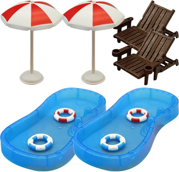Toyvian 2 Sets Doll House Swimming Pool with Swimming Ring, Folding Beach Sunbath Chair Miniature Craft Furniture Pool