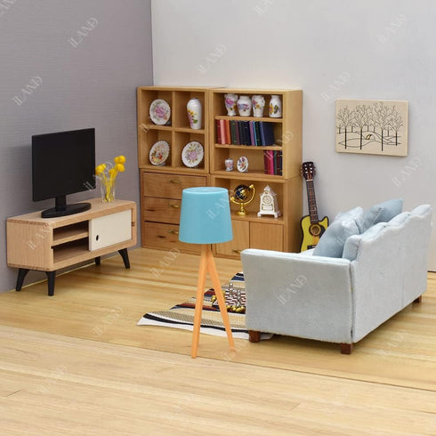 iLAND Dollhouse Couch, Modern Miniature Sofa for Dollhouse Living Room, 1/12 Scale (Light Sky Blue Velvet)